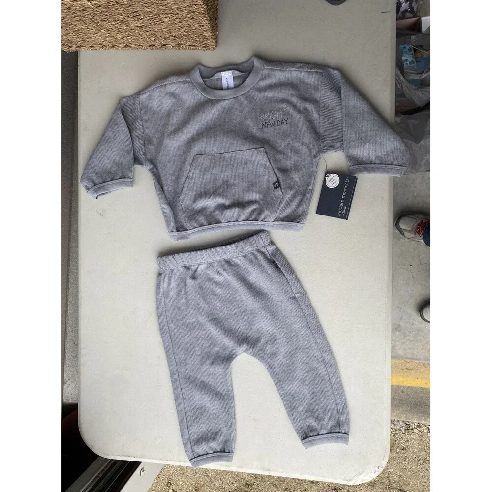 Modern Moments by Gerber 12M Waffle Knit Sweater & Pants Set Gray NWT